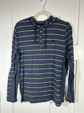 Hurley Navy and Yellow Striped Long-Sleeve Hooded Henley 025